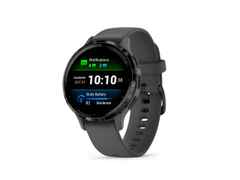 Garmin Venu 3S faserverstärktes Polymer kieselgrau 41mm kieselgraues Kautschukband – Herrenuhren Uhr Multifunktion aus Edelstahl, Kautschuk, Kunststoff und PVD beschichtet. Das Gehäuse ist rund und anthrazit. Das Kautschuk / Kunststoff / Silikon Armband ist anthrazit. Das Zifferblatt ist digital und schwarz. – Ansicht 3