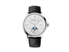 Frederique Constant Manufacture Slimline Moonphase Date Automatik Edelstahl 42mm silbernes Zifferblatt schwarzes Lederband limitiert – Herrenuhren Uhr mit Datum aus Edelstahl und Leder. Das Gehäuse ist rund und silber. Das Lederarmband Kroko / Alligator ist schwarz. Das Zifferblatt ist ein Index in silber.