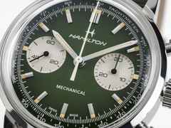 Hamilton American Classic Intra-Matic Chronograph H Handaufzug Edelstahl 40mm grünes Zifferblatt grünes Lederband – Herrenuhren Chronograph aus Edelstahl. Das Gehäuse ist rund und silber. Das Lederarmband ist grün. Das Zifferblatt ist ein Index in grün. – Ansicht 5