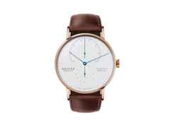 Nomos Glashütte Lambda 42 Handaufzug Roségold 42mm weißes Zifferblatt braunes Lederband – Herrenuhren Uhr ohne Datum aus 750 Rotgold und Leder. Das Gehäuse ist rund und roségold. Das Lederarmband ist braun. Das Zifferblatt ist ein Index in weiß.