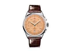 Breitling Premier B01 Chronograph 42 Automatik Edelstahl lachsfarbenes Zifferblatt braunes Lederband – Herrenuhren Chronograph aus Edelstahl und Leder. Das Gehäuse ist rund und silber. Das Lederarmband Kroko / Alligator ist braun. Das Zifferblatt ist arabisch und orange.