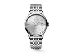 Longines Record Automatik Edelstahl 40mm silbernes Zifferblatt Metallband – Herrenuhren Uhr mit Datum aus Edelstahl. Das Gehäuse ist rund und silber. Das Edelstahlarmband ist silber. Das Zifferblatt ist ein Index in silber.