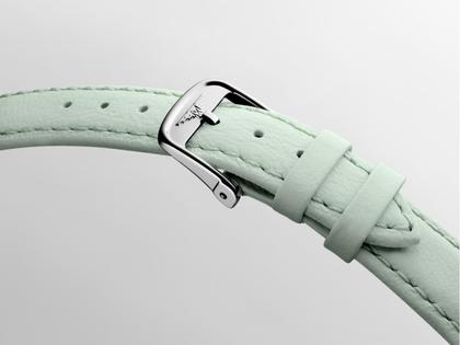 Longines Elegant Collection Quarz Edelstahl 30mm weißes Zifferblatt grünes Lederband – Damenuhren Uhr mit Datum aus Edelstahl und Leder. Das Gehäuse ist rund und silber. Das Lederarmband ist grün. Das Zifferblatt ist römisch und weiß. – Ansicht 5
