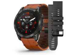 Garmin epix Pro Sapphire Titan carbongrau beschichtet 51 mm Lederband braun – Herrenuhren Uhr Multifunktion aus DLC beschichtet, Kautschuk, Leder und Titan. Das Gehäuse ist rund und schwarz. Das Lederarmband ist braun. Das Zifferblatt ist digital und schwarz. – Ansicht 3