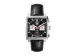 TAG Heuer Monaco Chronograph Automatik Edelstahl 39mm schwarzes Zifferblatt schwarzes Lederband – Herrenuhren Chronograph aus Edelstahl. Das Gehäuse ist rechteckig und silber. Das Lederarmband ist schwarz. Das Zifferblatt ist ein Index in schwarz.