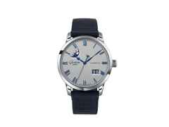 Glashütte Original Senator Excellence Panoramadatum Mondphase Automatik Edelstahl 40mm silbernes Zifferblatt blaues Textilband – Herrenuhren Uhr mit Datum aus Edelstahl. Das Gehäuse ist rund und silber. Das Textilarmband ist blau. Das Zifferblatt ist römisch und grau.