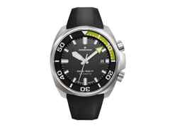 Junghans Aquaris Diver Automatik Edelstahl 47mm schwarzes Zifferblatt Metallband und schwarzes Kautschukband – Herrenuhren Uhr mit Datum aus Edelstahl und Kautschuk. Das Gehäuse ist rund und silber. Das Edelstahlarmband ist silber. Das Zifferblatt ist ein Index in schwarz. – Ansicht 2