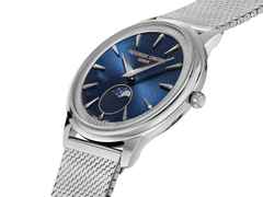 Frederique Constant Classics Moneta Moonphase Quarz Edelstahl 37mm blaues Zifferblatt Metallband – Herrenuhren Uhr ohne Datum aus Edelstahl und Leder. Das Gehäuse ist rund und silber. Das Edelstahlarmband ist silber. Das Zifferblatt ist ein Index in blau. – Ansicht 3
