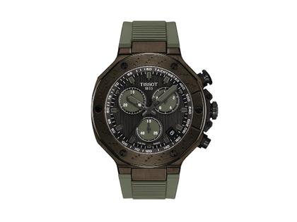 Tissot T-Race Chronograph Quarz Edelstahl Grün-PVD 45mm graues Zifferblatt grünes Kautschukband – Herrenuhren Chronograph aus Edelstahl, Kautschuk und PVD beschichtet. Das Gehäuse ist rund und grün. Das Kautschuk / Kunststoff / Silikon Armband ist grün. Das Zifferblatt ist ein Index in grau.
