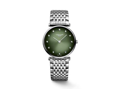 Longines La Grande Classique De Longines 29mm Zifferblatt grün – Damenuhren Uhr ohne Datum aus Edelstahl. Das Gehäuse ist rund und silber. Das Edelstahlarmband ist silber. Das Zifferblatt ist ein Index in grün.