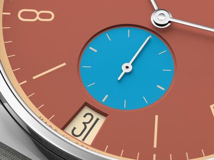 Nomos Glashütte Tangente 38 Datum "175 Years Watchmaking - Ziegelblau" Handaufzug Edelstahl rotes Zifferblatt graues Textilband Glasboden – Herrenuhren Uhr mit Datum aus Edelstahl. Das Gehäuse ist rund und silber. Das Textilarmband ist grau. Das Zifferblatt ist arabisch Index und rot. – Ansicht 6