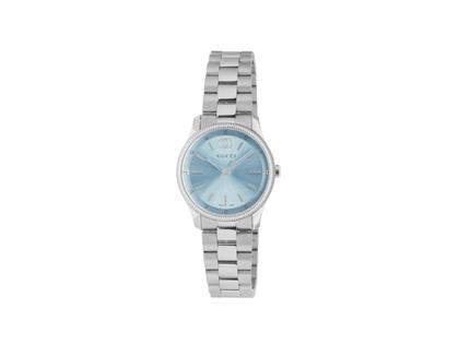 Gucci G-Timeless Quarz Edelstahl 29mm blaues Zifferblatt Metallband YA1265068 – Damenuhren Uhr ohne Datum aus Edelstahl. Das Gehäuse ist rund und silber. Das Edelstahlarmband ist silber. Das Zifferblatt ist ein Index in blau.