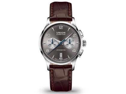 Union Glashütte Noramis Chronograph Sachsen Classic  2012 Limited Edition Automatik Edelstahl 42mm graues Zifferblatt braunes Lederband – Herrenuhren Chronograph aus Edelstahl. Das Armband ist ein Lederarmband. Der Zifferblatt ist arabisch Index.