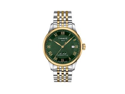 Tissot LeLocle Automatik Edelstahl Gelbgold-PVD 39mm grünes Zifferblatt Metallband – Herrenuhren Uhr mit Datum aus 750 Gelbgold und Edelstahl. Das Gehäuse ist rund und silber. Das Edelstahlarmband ist silber-gelbgold. Das Zifferblatt ist römisch und grün.