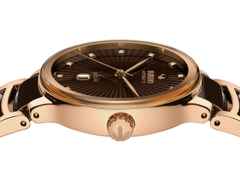 Rado Centrix Diamonds Automatik Edelstahl Roségold-PVD 30,5mm braunes Zifferblatt mit Brillanten Metallband – Damenuhren Uhr mit Datum aus Edelstahl, Keramik und PVD beschichtet. Das Gehäuse ist rund und roségold. Das Keramikarmband ist braun. Das Zifferblatt ist ein Index in braun. – Ansicht 3