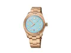 Oris Divers Sixty-Five Cotton Candy Automatik Bronze 38mm blaues Zifferblatt Metallband – Damenuhren Uhr mit Datum aus Bronze. Das Gehäuse ist rund und roségold. Das Metallarmband ist roségold. Das Zifferblatt ist ein Index in blau.