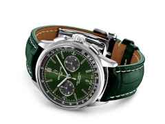 Breitling Premier B01 Chronograph 42 Automatik Edelstahl grünes Zifferblatt grünes Lederband – Herrenuhren Chronograph aus Edelstahl. Das Gehäuse ist rund und silber. Das Lederarmband Kroko / Alligator ist grün. Das Zifferblatt ist ein Index in grün. – Ansicht 3