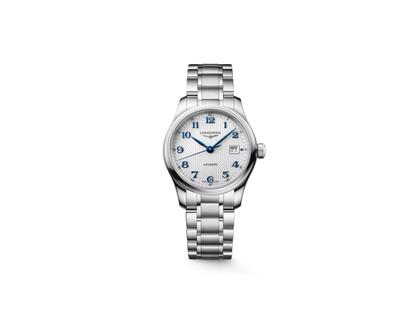 Longines Master Collection Automatik Edelstahl 30mm silbernes Zifferblatt Metallband – Damenuhren Uhr mit Datum aus Edelstahl. Das Gehäuse ist rund und silber. Das Edelstahlarmband ist silber. Das Zifferblatt ist arabisch und silber.