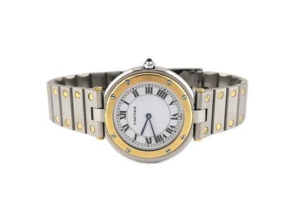 Juwelier Roller Cartier Santos Ronde Vendome Quarz Edelstahl und Gelbgold 33mm Metallband 8191 Full Set Occasion – Damenuhren Uhr ohne Datum aus 750 Gelbgold und Edelstahl. Das Gehäuse ist rund und silber-gelbgold. Das Edelstahlarmband mit Gold ist silber-gelbgold. Das Zifferblatt ist römisch und weiß.