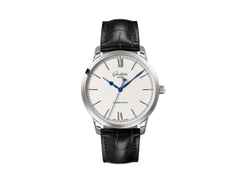 Glashütte Original Senator Excellence Automatik Edelstahl 40mm weißes ZIfferblatt schwarzes Lederband – Herrenuhren Uhr ohne Datum aus Edelstahl. Das Gehäuse ist rund und silber. Das Lederarmband Kroko / Alligator ist schwarz. Das Zifferblatt ist römisch Index und silber.