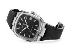 Glashütte Original Seventies Vintage Kollektion Vinyl Record Limited Edition Automatik Edelstahl 39x39mm schwarzes Zifferblatt Metallband und schwarzes Kautschukband – Herrenuhren Uhr mit Datum aus 750 Weißgold, Edelstahl und Kautschuk. Das Gehäuse ist quadratisch und silber. Das Edelstahlarmband ist silber. Das Zifferblatt ist ein Index in schwarz. – Ansicht 11