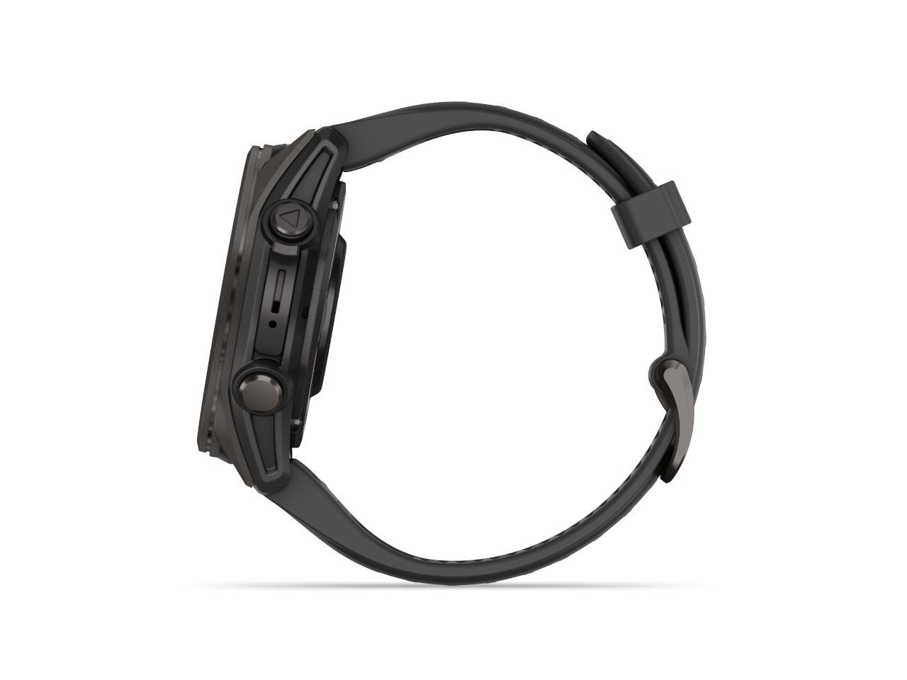 Garmin fenix 8 43mm AMOLED faserverstärktes Polymer Edelstahl titangrau beschichtet schwarzes Kautschukband – Damenuhren Uhr Multifunktion aus DLC beschichtet, Edelstahl und Kautschuk. Das Gehäuse ist rund und schwarz. Das Kautschuk / Kunststoff / Silikon Armband ist schwarz. Das Zifferblatt ist digital und schwarz. – Ansicht 3