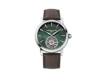 Frederique Constant Manufacture Classic Tourbillon Automatik Edelstahl 39mm grünes Zifferblatt braunes Lederband limitiert – Herrenuhren Uhr ohne Datum aus Edelstahl und Leder. Das Gehäuse ist rund und silber. Das Lederarmband Kroko / Alligator ist braun. Das Zifferblatt ist ein Index in grün.
