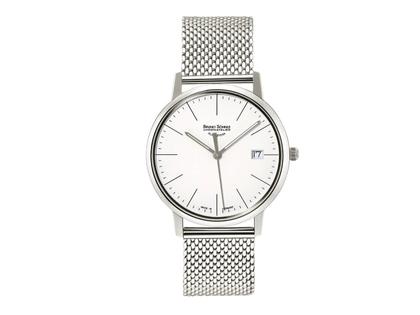 Bruno Söhnle Glashütte Stuttgart I SMALL Quarz silbern Index Milanaiseband – Damenuhren Uhr mit Datum aus Edelstahl und Leder. Das Gehäuse ist rund und silber. Das Edelstahlarmband ist silber. Das Zifferblatt ist ein Index in silber.