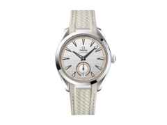 Omega Seamaster Aqua Terra 150M Automatik Kleine Sekunde Edelstahl 41mm silberbeiges Zifferblatt Kautschukband – Herrenuhren Uhr mit Datum aus Edelstahl und Kautschuk. Das Gehäuse ist rund und silber. Das Kautschuk / Kunststoff / Silikon Armband ist beige. Das Zifferblatt ist ein Index in beige.