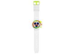 Swatch Neon Jelly Quarz Kunststoff 47mm mehrfarbiges Zifferblatt weißes Silikonband – Herrenuhren Chronograph aus Bio-Kunststoff und Kunststoff. Das Gehäuse ist rund und weiß. Das Kautschuk / Kunststoff / Silikon Armband ist weiß. Das Zifferblatt ist arabisch Index und mehrfarbig. – Ansicht 3