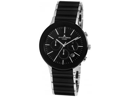 Jacques Lemans Quarz Dublin Chronograph Keramik schwarz Edelstahl schwarz Edelstahlband – Herrenuhren Chronograph aus Edelstahl und Keramik. Das Gehäuse ist rund und schwarz. Das Edelstahlarmband ist schwarz. Das Zifferblatt ist ein Index in schwarz.