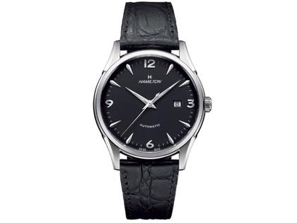 Hamilton Thinomatik Herrenuhr mit Datum 42mm schwarz Lederband – Herrenuhren Uhr mit Datum aus Edelstahl und Leder. Das Lederarmband ist schwarz. Das Zifferblatt ist arabisch Index und schwarz.