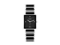 Rado Integral Quarz Edelstahl 28,5 x 31,5mm schwarzes Zifferblatt mit Brillanten Metallband – Damenuhren Uhr mit Datum aus Edelstahl und Keramik. Das Gehäuse ist rechteckig und silber. Das Edelstahlarmband ist schwarz. Das Zifferblatt ist ein Index in schwarz.