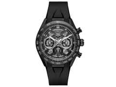 TAG Heuer Carrera Chronograph Extreme Sport Automatik Titan Schwarz-DLC 44mm skelettiertes Zifferblatt schwarzes Kautschukband – Herrenuhren Chronograph aus DLC beschichtet und Titan. Das Gehäuse ist rund und schwarz. Das Kautschuk / Kunststoff / Silikon Armband ist schwarz. Das Zifferblatt ist ein Index in schwarz.