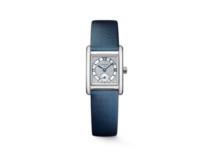 Longines DolceVita   Mini Quarz Edelstahl 22x29mm silbernes Zifferblatt mit Diamanten blaues Lederband – Damenuhren Uhr ohne Datum aus Edelstahl. Das Gehäuse ist rechteckig und silber. Das Lederarmband ist blau. Das Zifferblatt ist römisch und silber.