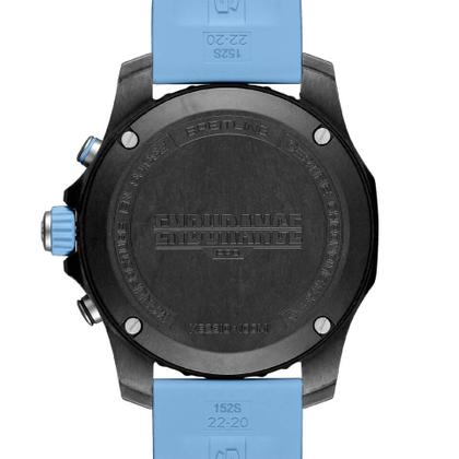 Breitling Endurance Pro 44 Chronograph Quarz Breitlight schwarzes Zifferblatt blaues Kautschukband – Herrenuhren Chronograph aus Sonstiges. Das Gehäuse ist rund und schwarz. Das Kautschuk / Kunststoff / Silikon Armband ist blau. Das Zifferblatt ist arabisch und schwarz. – Ansicht 4