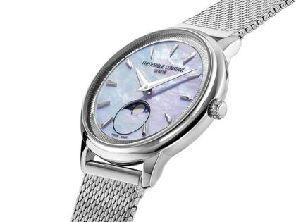 Frederique Constant Classics Moneta Moonphase Quarz Edelstahl 34mm blaues Perlmutt-Zifferblatt Metallband – Damenuhren Uhr ohne Datum aus Edelstahl. Das Gehäuse ist rund und silber. Das Edelstahlarmband ist silber. Das Zifferblatt ist ein Index in blau. – Ansicht 2