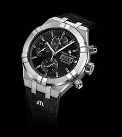 Maurice Lacroix Aikon Chronograph Automatik Edelstahl 44mm schwarzes Zifferblatt schwarzes Lederband – Herrenuhren Chronograph aus Edelstahl. Das Gehäuse ist rund und silber. Das Lederarmband ist schwarz. Das Zifferblatt ist ein Index in schwarz. – Ansicht 2
