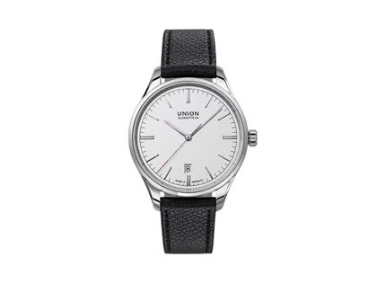 Union Glashütte Viro Datum Automatik Edelstahl 39mm silbernes Zifferblatt schwarzes Lederband – Herrenuhren Uhr mit Datum aus Edelstahl. Das Gehäuse ist rund und silber. Das Lederarmband ist schwarz. Das Zifferblatt ist ein Index in silber.