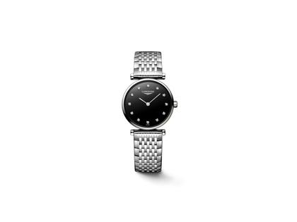 Longines La Grande Classique Quarz Edelstahl 24mm schwarzes Zifferblatt mit Diamanten Metallband – Damenuhren Uhr ohne Datum aus Edelstahl. Das Armband ist ein Edelstahlarmband. Der Zifferblatt ist ein Index.