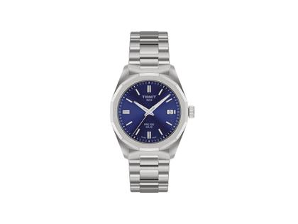 Tissot PRC100 Solar Quarz Edelstahl 34mm blaues Zifferblatt Metallband – Damenuhren Uhr mit Datum aus Edelstahl. Das Gehäuse ist rund und silber. Das Edelstahlarmband ist silber. Das Zifferblatt ist ein Index in blau.