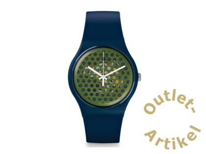 Swatch "Buchetti" Quarz Kunststoff 41mm grünes Zifferblatt blaues Silikonband – Herrenuhren Uhr ohne Datum aus Kunststoff. Das Gehäuse ist rund und blau. Das Kautschuk / Kunststoff / Silikon Armband ist blau. Das Zifferblatt ist ein Index in grün.