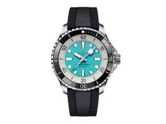 Breitling Superocean Automatic 44 Edelstahl blaues Zifferblatt schwarzes Kautschukband – Herrenuhren Uhr ohne Datum aus Edelstahl und Keramik. Das Gehäuse ist rund und silber. Das Kautschuk / Kunststoff / Silikon Armband ist schwarz. Das Zifferblatt ist ein Index in blau.