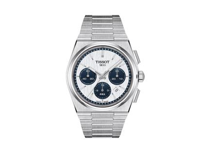 Tissot PRX Chronograph Automatik Edelstahl 42mm silbernes Zifferblatt Metallband – Herrenuhren Chronograph aus Edelstahl. Das Gehäuse ist rund und silber. Das Edelstahlarmband ist silber. Das Zifferblatt ist ein Index in silber.