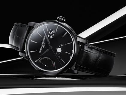 Frederique Constant Manufacture Classic Power Reserve Big Date Automatik Edelstahl Schwarz-DLC 40mm schwarzes Zifferblatt schwarzes Lederband limitiert – Herrenuhren Uhr mit Datum aus DLC beschichtet, Edelstahl und Leder. Das Gehäuse ist rund und schwarz. Das Lederarmband Kroko / Alligator ist schwarz. Das Zifferblatt ist ein Index in schwarz. – Ansicht 4
