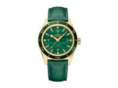 Omega Seamaster 300 Automatik Gelbgold 41mm Malachit-Zifferblatt grünes Lederband – Herrenuhren Uhr ohne Datum aus 750 Gelbgold und Keramik. Das Gehäuse ist rund und gelbgold. Das Lederarmband ist grün. Das Zifferblatt ist arabisch Index und grün.