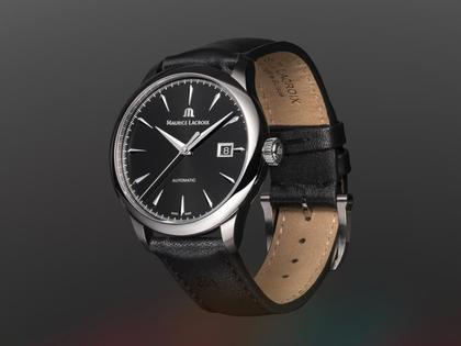 Maurice Lacroix 1975 Automatik Edelstahl 40mm schwarzes Zifferblatt schwarzes Lederband – Herrenuhren Uhr mit Datum aus Edelstahl. Das Gehäuse ist rund und silber. Das Edelstahlarmband ist schwarz. Das Zifferblatt ist ein Index in schwarz. – Ansicht 2