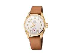 Oris Big Crown Wings of Hope Limited Edition Automatik Gelbgold 38mm weißes Zifferblatt braunes Lederband – Herrenuhren Uhr ohne Datum aus 750 Gelbgold und Leder. Das Gehäuse ist rund und gelbgold. Das Lederarmband ist braun. Das Zifferblatt ist arabisch und weiß.