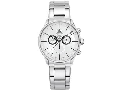 Bruno Söhnle Glashütte Triest Chronograph Quarz Edelstahl 42mm silberfarbenes Zifferblatt Metallband – Herrenuhren Chronograph aus Edelstahl. Das Gehäuse ist rund und silber. Das Edelstahlarmband ist silber. Das Zifferblatt ist ein Index in weiß.