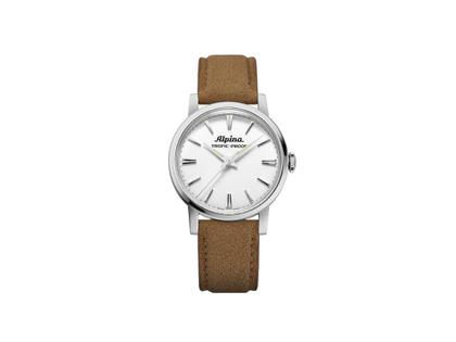 Herrenuhren Uhr ohne Datum aus Edelstahl und Leder. Das Gehäuse ist rund und silber. Das Lederarmband ist braun. Das Zifferblatt ist ein Index in weiß.